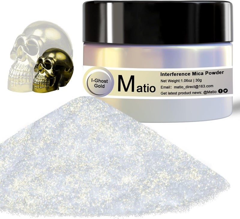 Matio Interference Mica Powder, 1.06oz/ 30g Ghost Gold Chrome Powder, Pearlescent Effect Color Shift Pigment for Epoxy Resin, Makeup Shimmer,Nail Polish,Soap Dye,Candle Making,Paint,Slime Pigment - Image 1